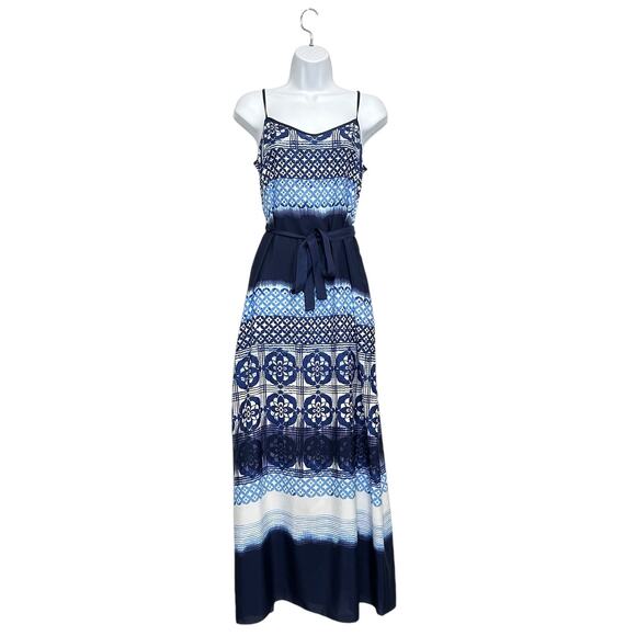 Ann Taylor Mixed Media Batik Atrium Maxi Dress Womens Sz 2 Blue Belted Boho Chic Ann Taylor Mixed Media Batik Atrium Maxi Dress Womens Sz 2 Blue Belted Boho Chic